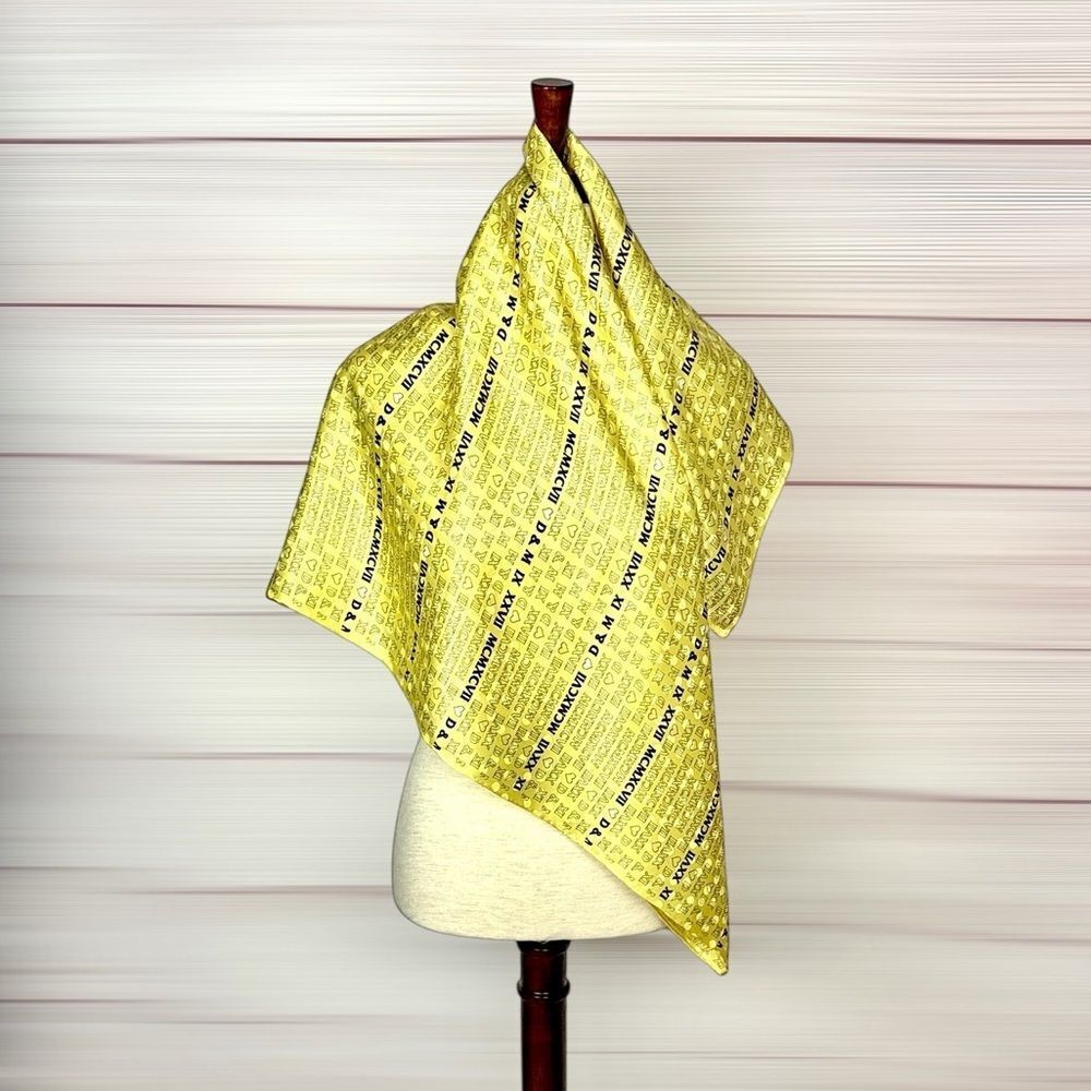 Yellow Silk Satin Scarf Roman Numerals and Initials Print Hand Rolled 34x34"